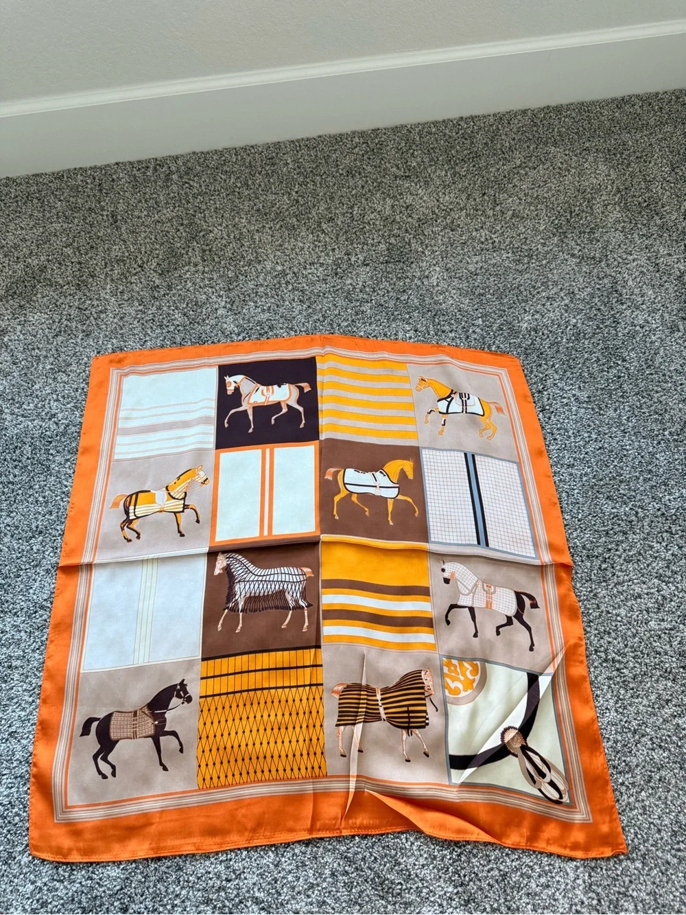 Silk Horse-Print Square Scarf - Orange & Brown